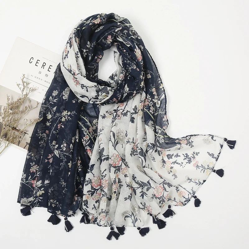 Navy blue & white mixed flower printed tassel hijab / orna