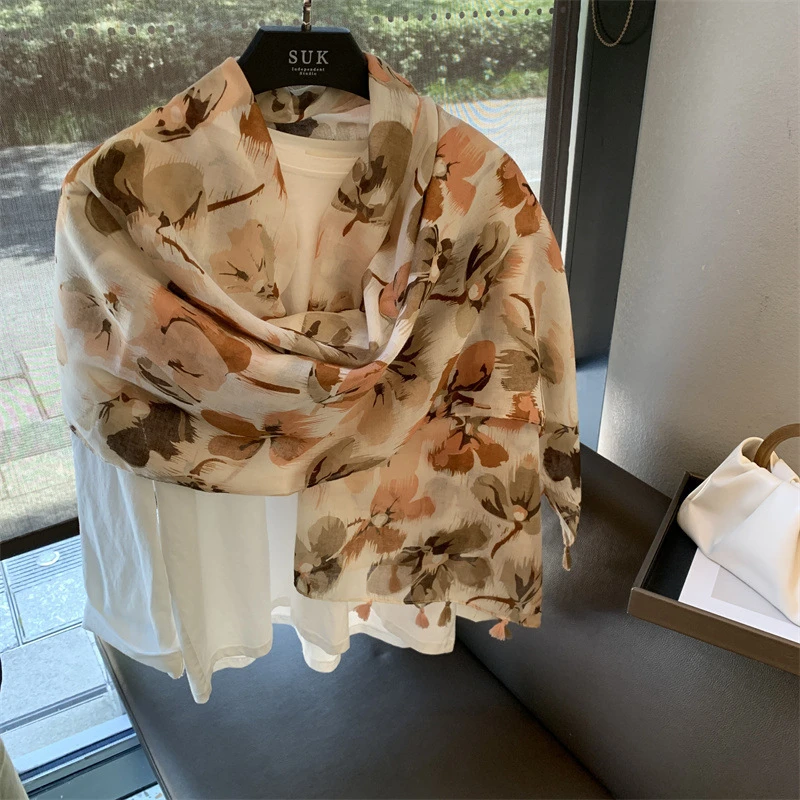 Beautiful Beige & Brown Color Floral Printed Tassel Cotton Hijab/Orna