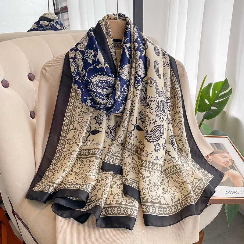 Shiny Navy Blue printed silk hijab
