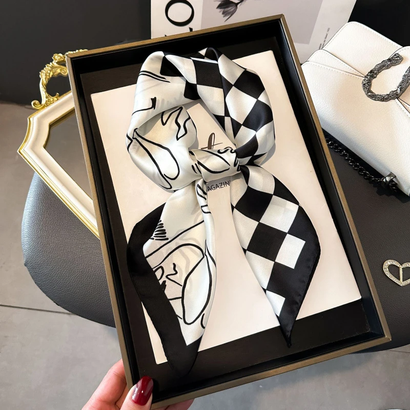 Elegant black white checkerboard silk scarf