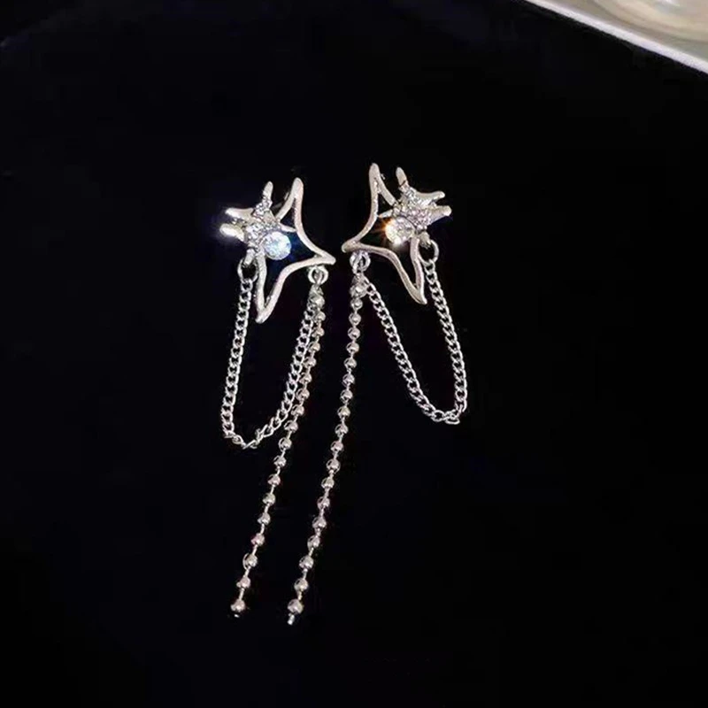 Crystal Star Chain Tassel Earrings - Thumbnail 3