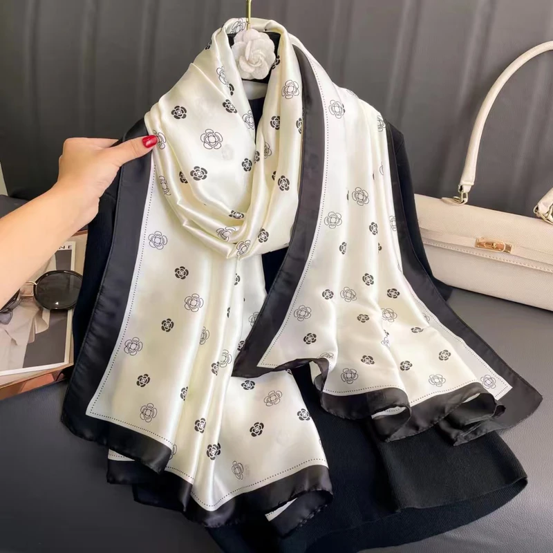 Off white & black mixed  printed silk hijab