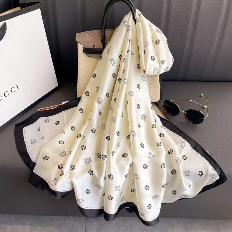 Off white & black mixed  printed silk hijab