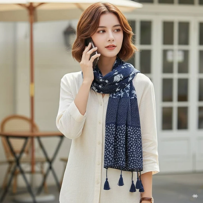 Elegant navy blue white mixed printed long hijab / orna