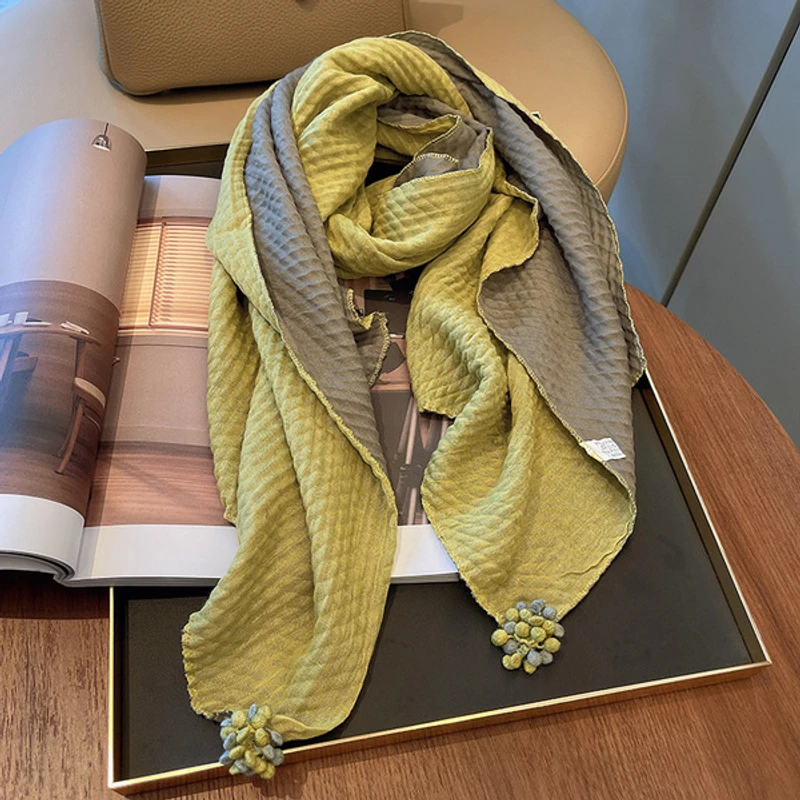 Italian Yellow Tasseled Patchwork Cozy Cotton Hijab