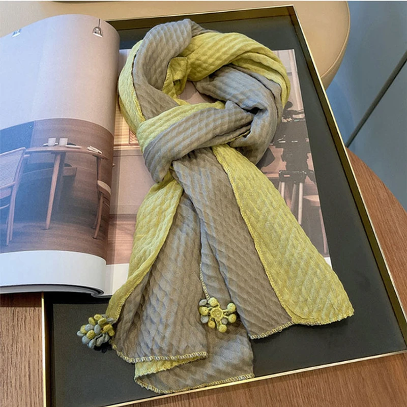 Italian Yellow Tasseled Patchwork Cozy Cotton Hijab