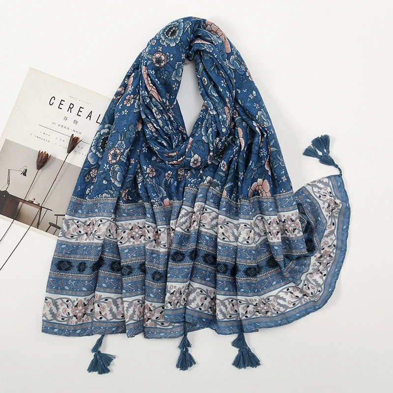 Pretty blue colour long tassel cotton hijab/orna
