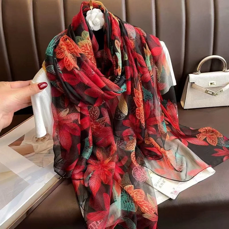 Red maple leaf pattern long silk hijab / orna