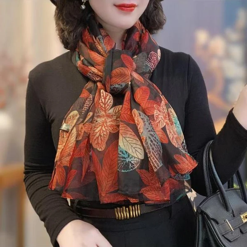 Red maple leaf pattern long silk hijab / orna - Thumbnail 4