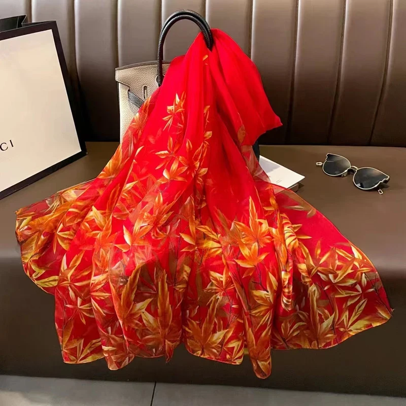 Red color floral printed long hijab/ orna