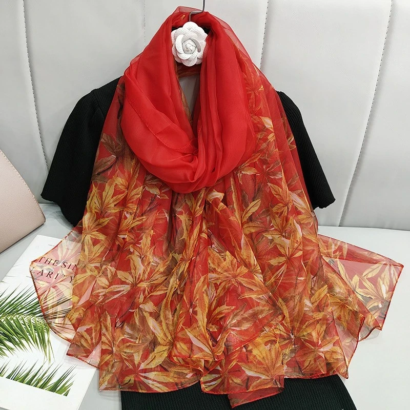 Red color floral printed long hijab/ orna - Thumbnail 3