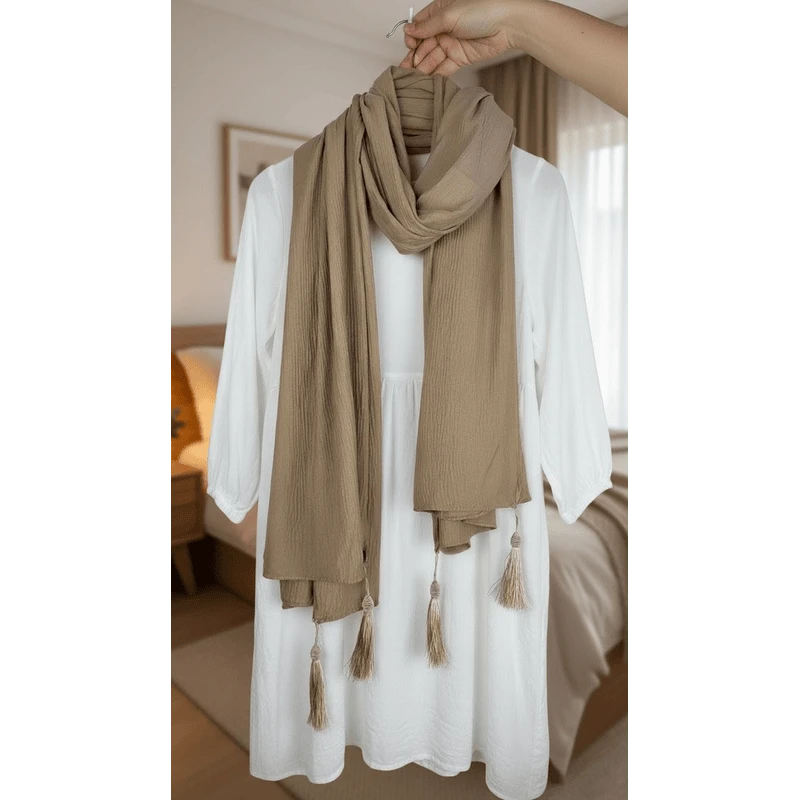 Elegant Brown Color Cotton Tassel Hijab / Orna