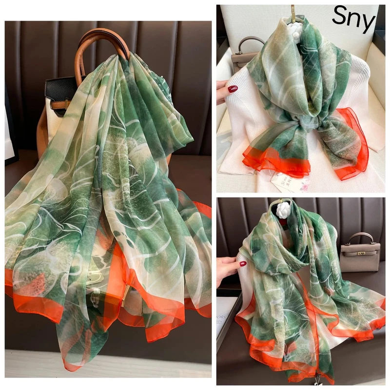 Classy green silk scarf with orange color border