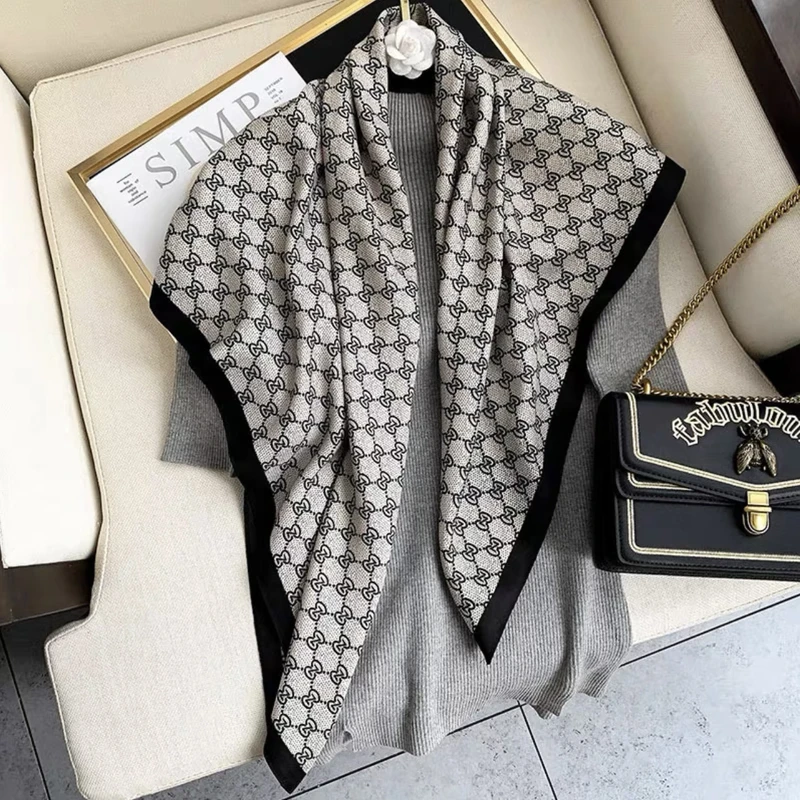 Stunning grey color printed silk scarf / hijab - Thumbnail 3