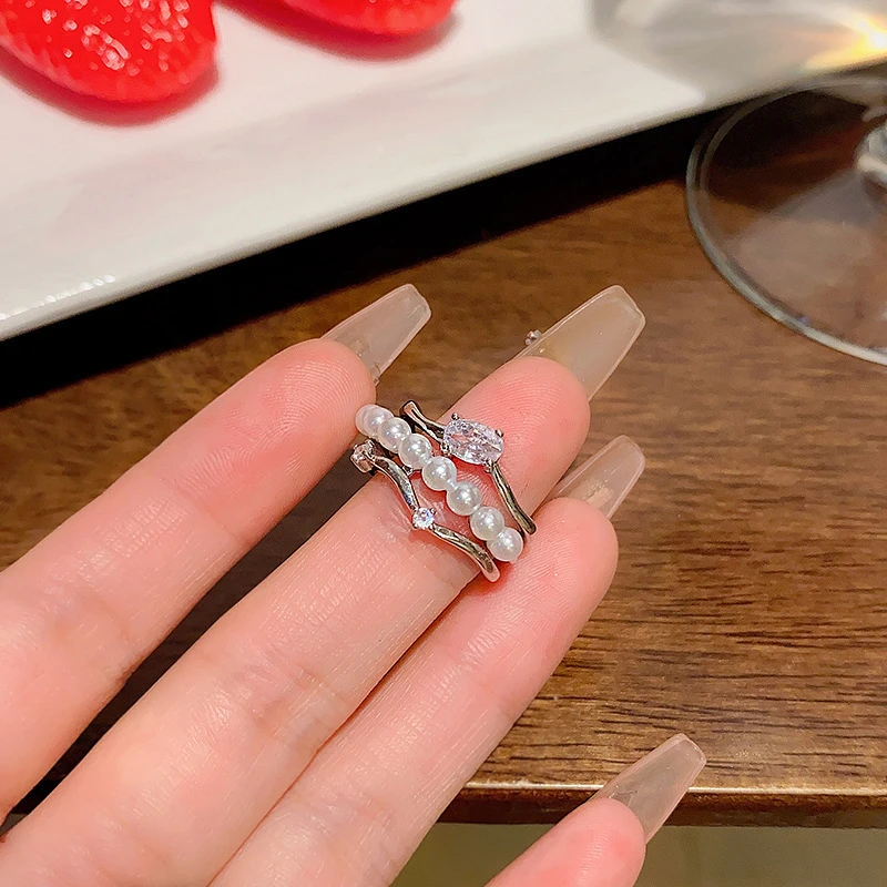 Three Line Pearl Rhinestone Decor Ring