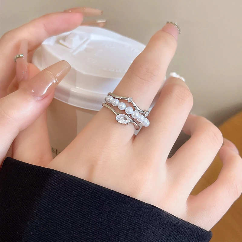 Three Line Pearl Rhinestone Decor Ring