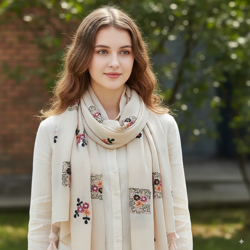 New Ethnic Style Embroidered Off White Color Flower Cotton Tassel Hijab/Orna