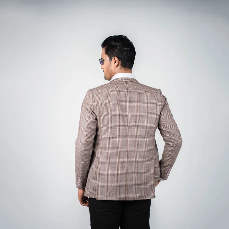 Classic Beige Checkered Blazer - Thumbnail 3