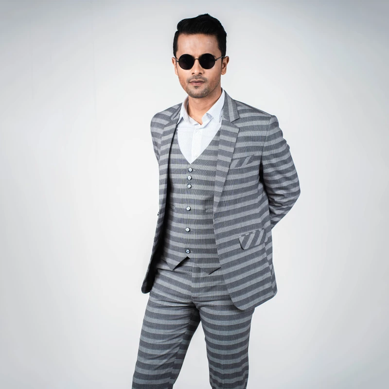 Premium Grey Striped Three Piece Suit
