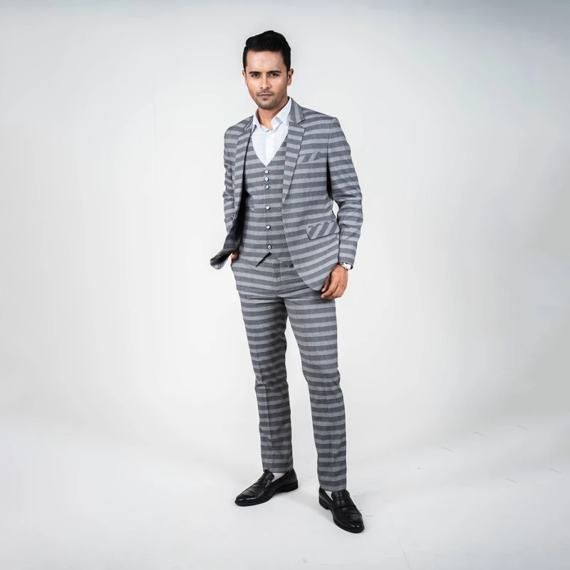 Premium Grey Striped Three Piece Suit