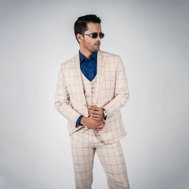 Premium Cream Checkered Three Piece Suit