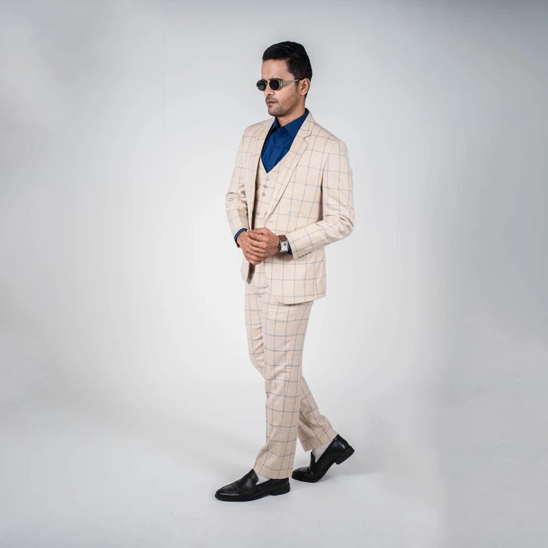 Premium Cream Checkered Three Piece Suit
