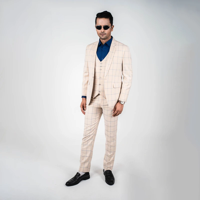 Premium Cream Checkered Three Piece Suit - Thumbnail 3
