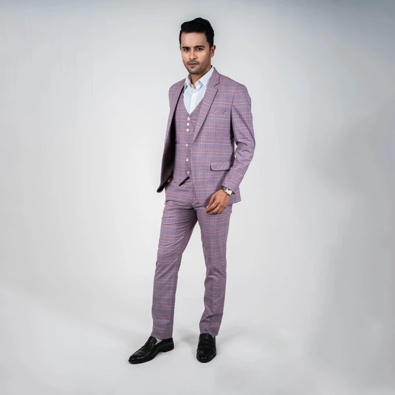 Premium Mauve Checkered Three Piece Suit