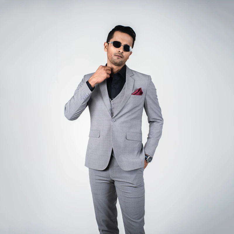 Premium Light Grey Checkered Three Piece Suit