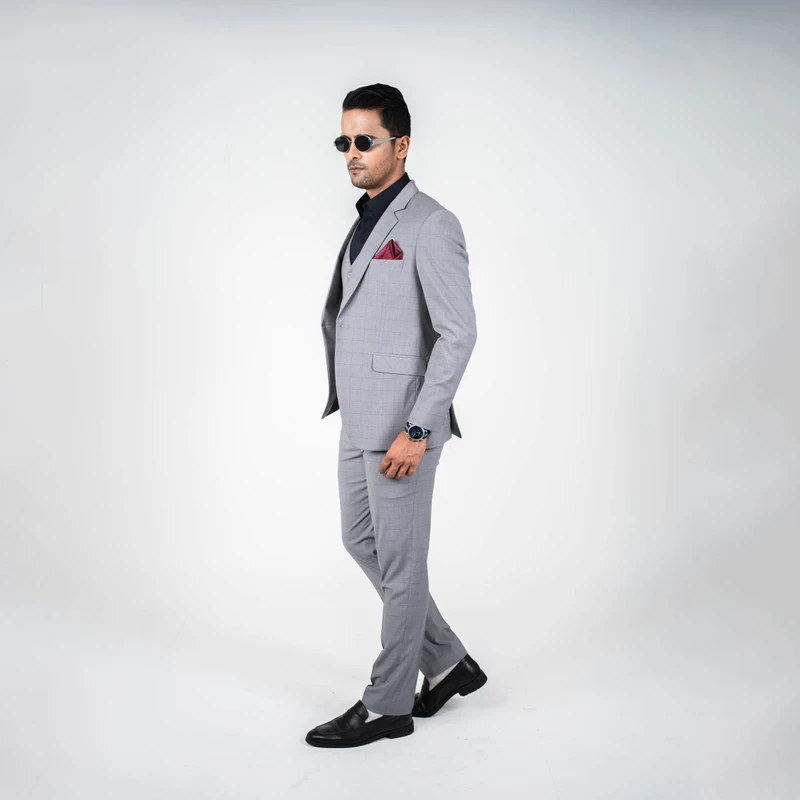 Premium Light Grey Checkered Three Piece Suit