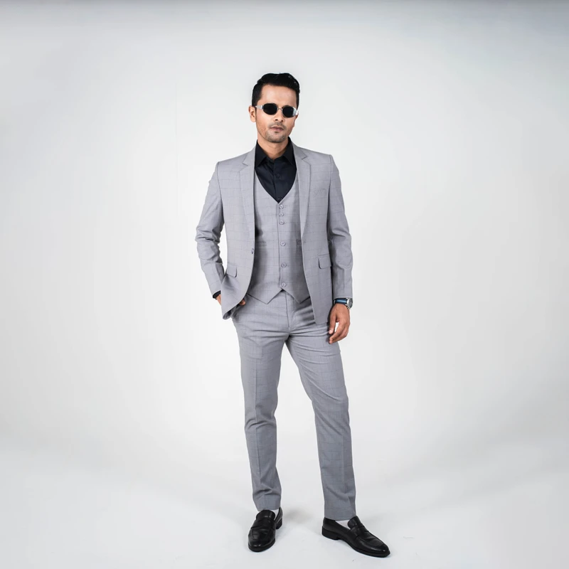 Premium Light Grey Checkered Three Piece Suit - Thumbnail 3