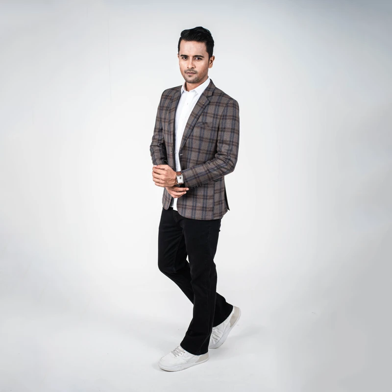 Casual Brown Checkered Blazer - Thumbnail 3