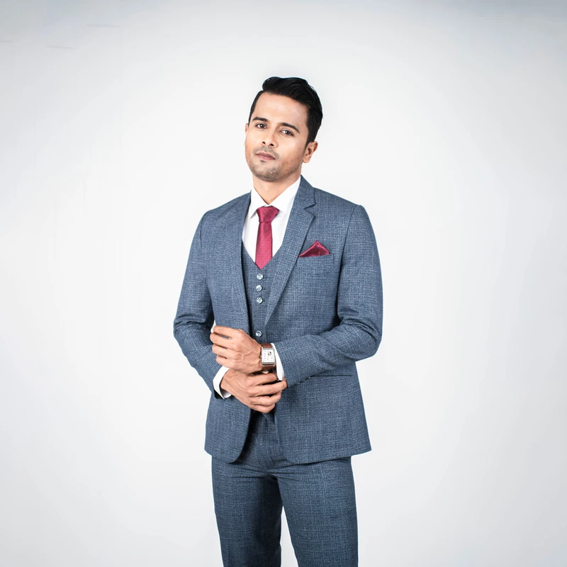 Premium Steel Blue Textured Three Piece Suit