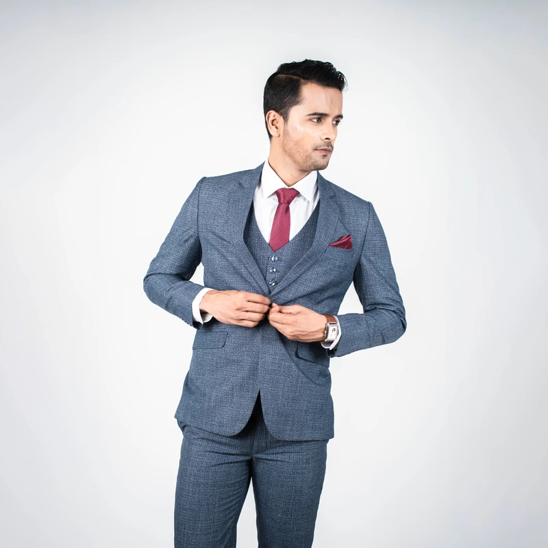 Premium Steel Blue Textured Three Piece Suit
