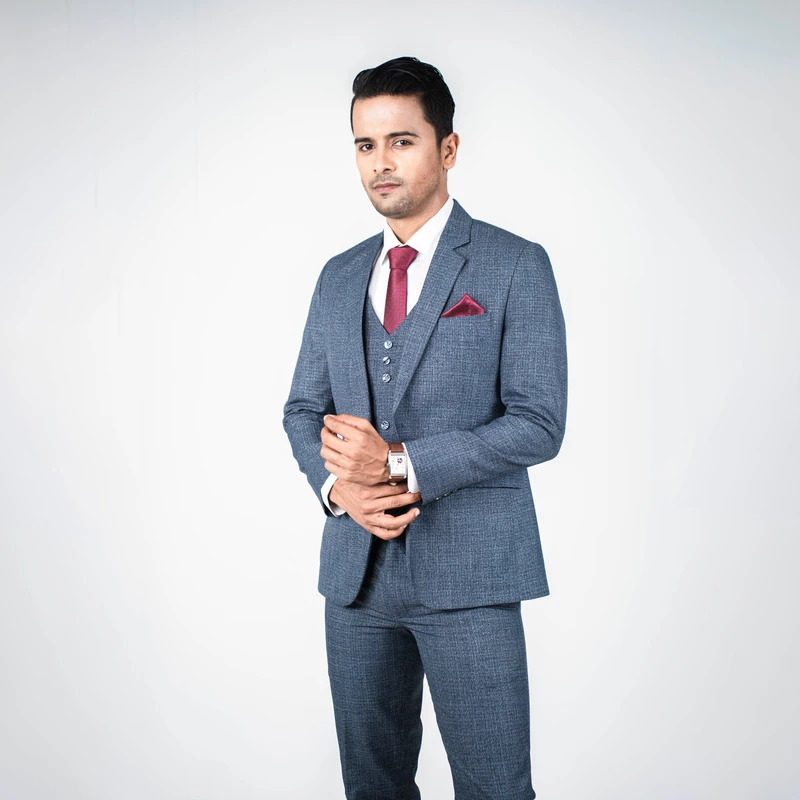 Premium Steel Blue Textured Three Piece Suit - Thumbnail 3