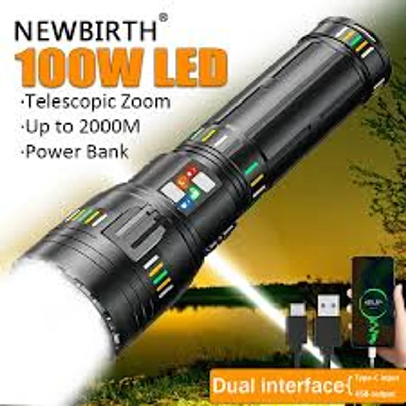 (40,000 mah)-White Laser Flashlight Input and Output Telescopic Zoomable Strong Camping Flashlight