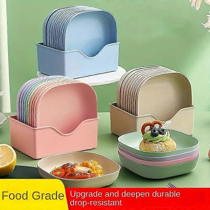 10 Pcs Plates With Stand, Multi-function Dish,Square Lightweight Wheat Straw Plates, Deep Dinner Dishes