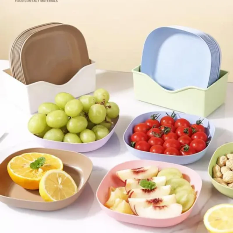 10 Pcs Plates With Stand, Multi-function Dish,Square Lightweight Wheat Straw Plates, Deep Dinner Dishes - Image 4