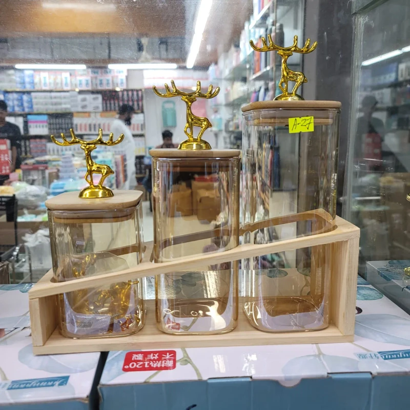 3pcs Square Deer Lid Jar with Stand (OOSM)