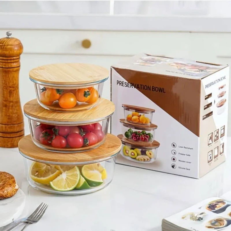 3pcs Wooden lid Round Airtight Bati Set