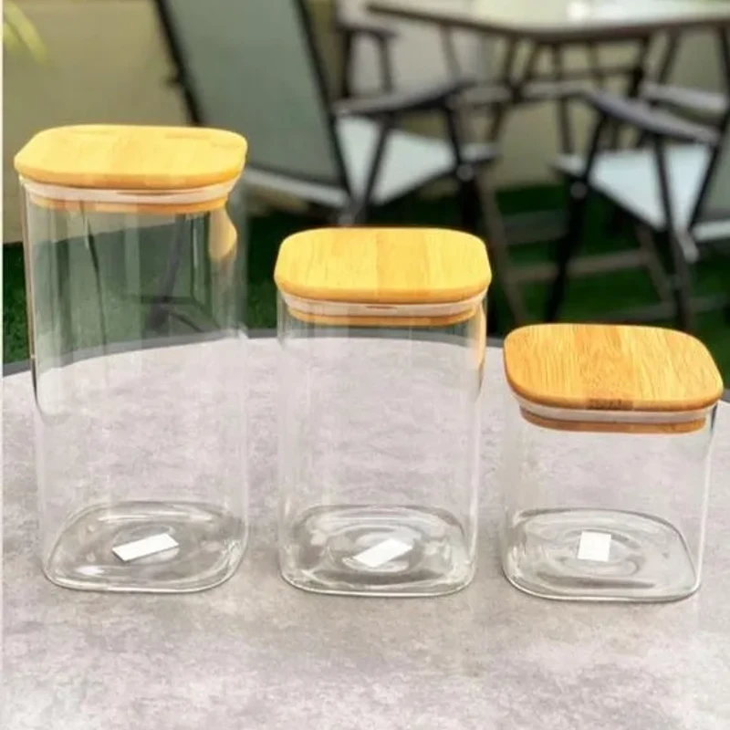 3pcs Wooden Lid Square Airtight Jar Set (DMM)