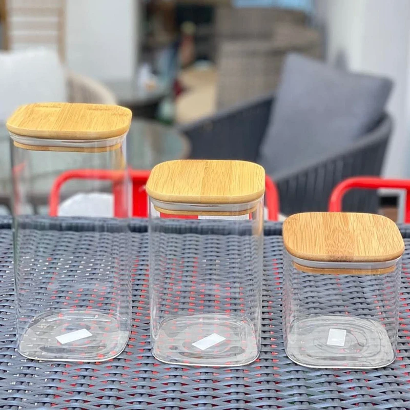 3pcs Wooden Lid Square Airtight Jar Set (DMM) - Image 3
