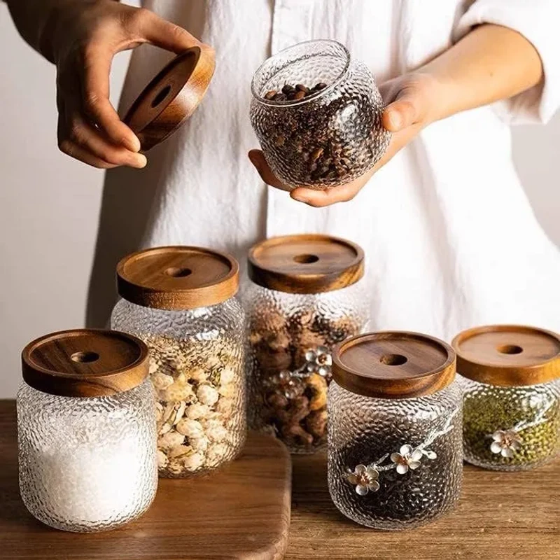 Ice Design Glass Jar Set Wooden Lid