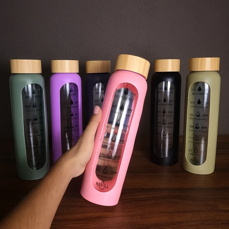 Silicone Wooden Lid Time Mark Water Bottle