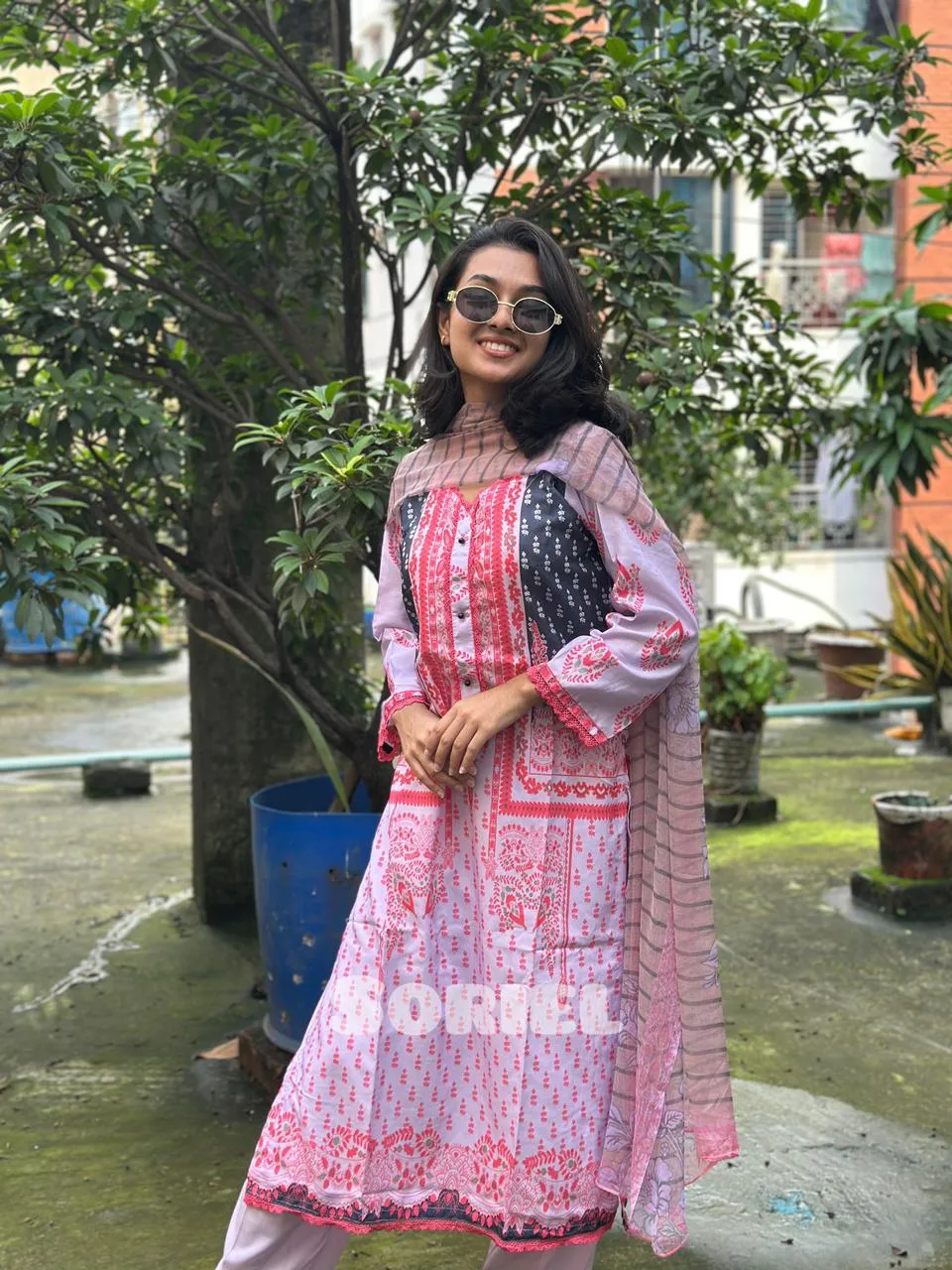 Printed Cotton Dress with Chiffon Dupatta (Pink)