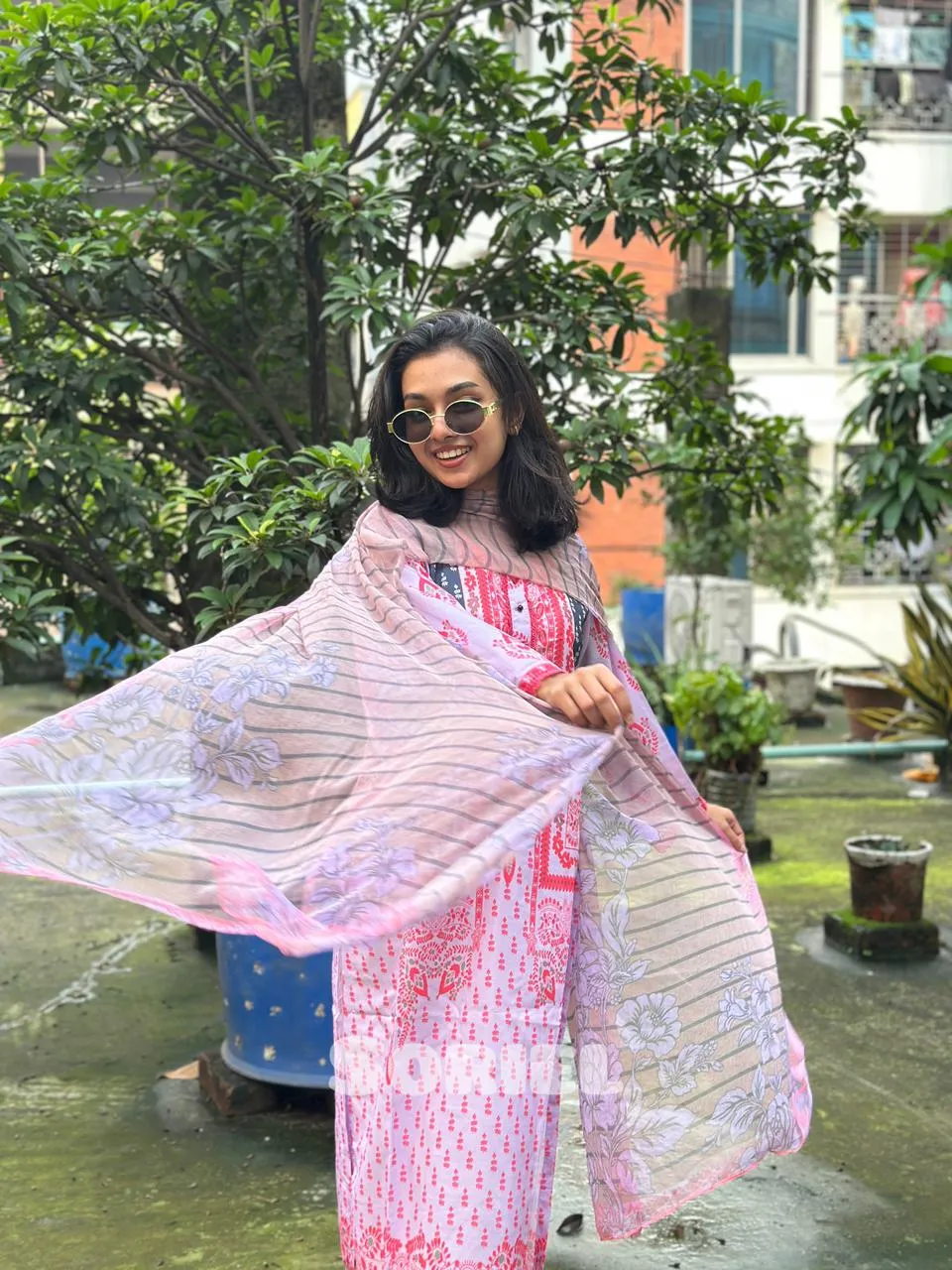 Printed Cotton Dress with Chiffon Dupatta (Pink)