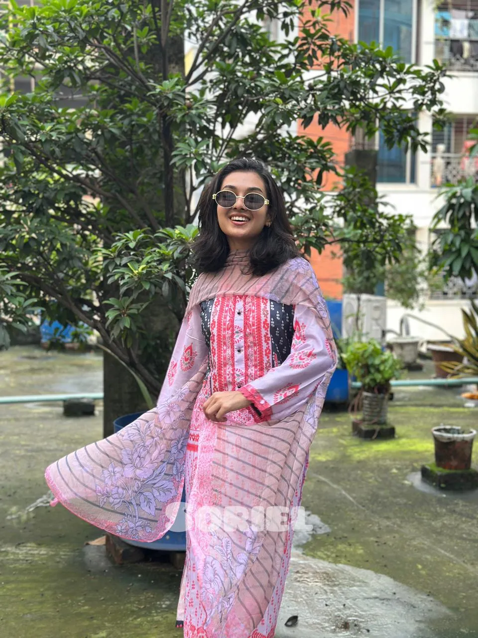 Printed Cotton Dress with Chiffon Dupatta (Pink) - Thumbnail 3