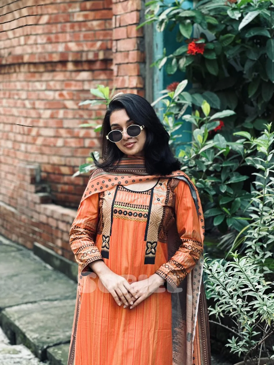 Embroidered & Block Printed Cotton (Orange)