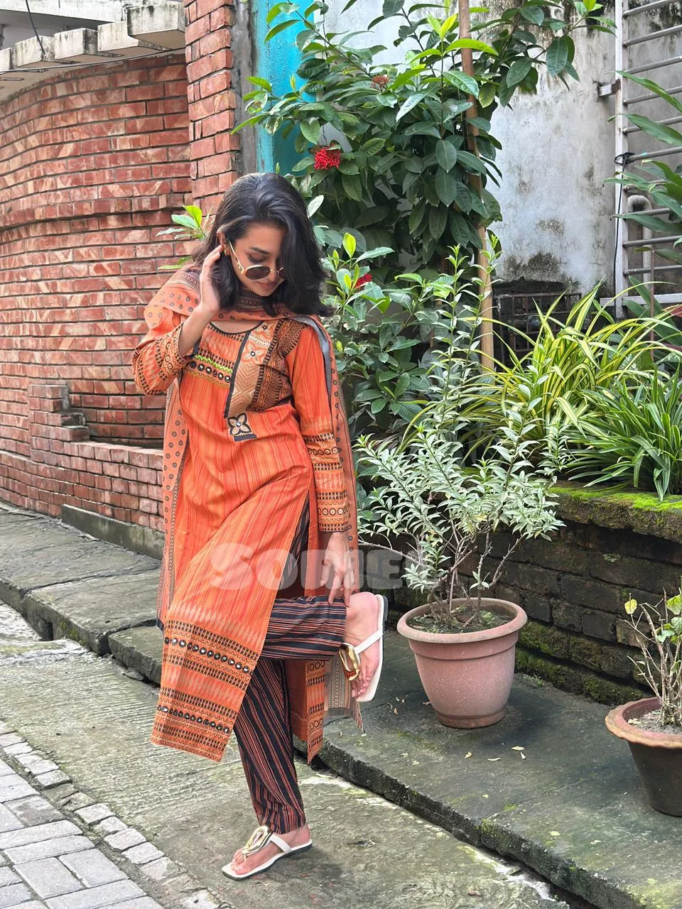 Embroidered & Block Printed Cotton (Orange) - Thumbnail 3