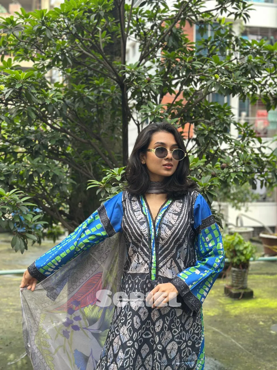 Printed Cotton Dress with Chiffon Dupatta (Blue)